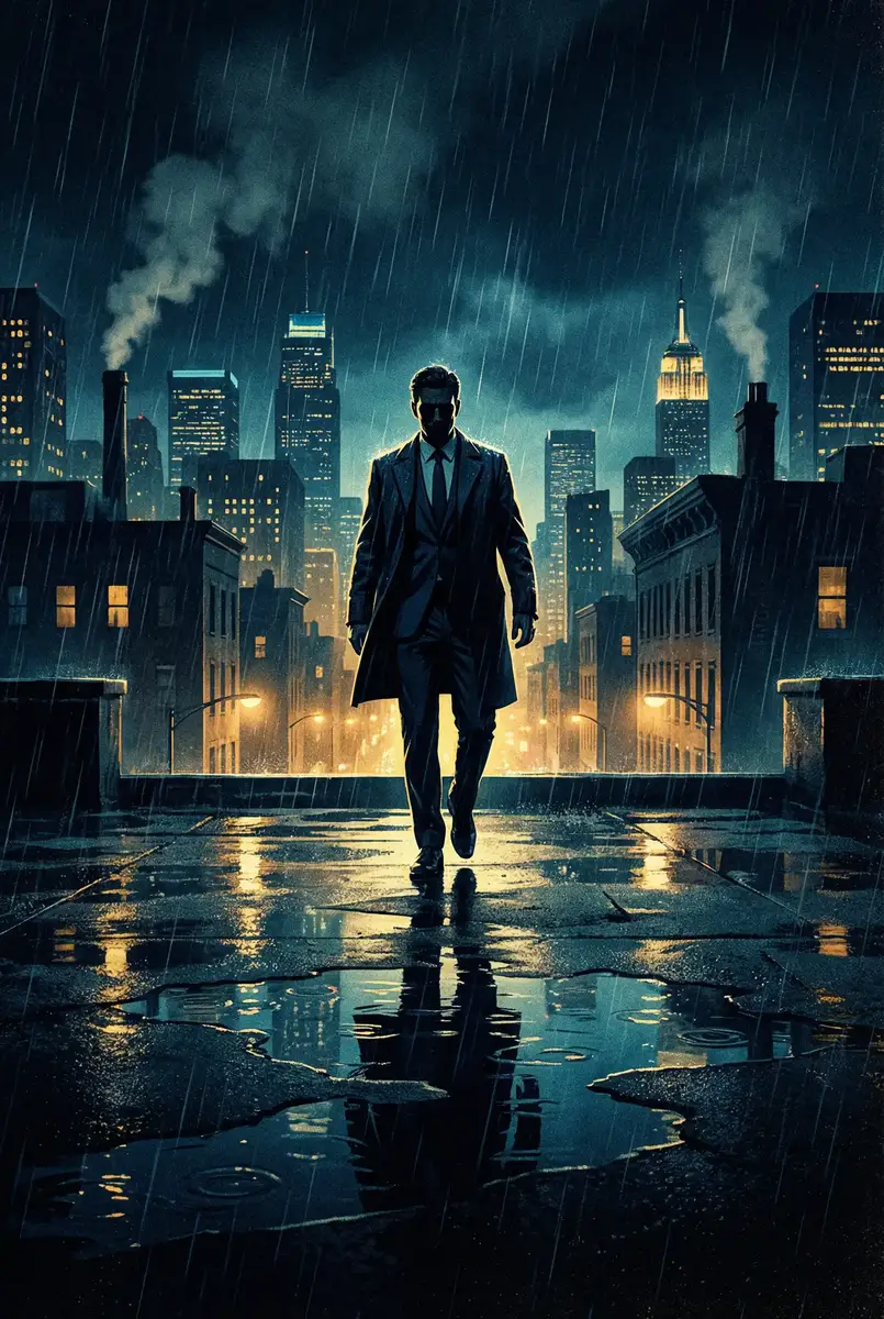 美女泳装 出品影片《雨夜独行者》海报，雨中城市屋顶男性剪影